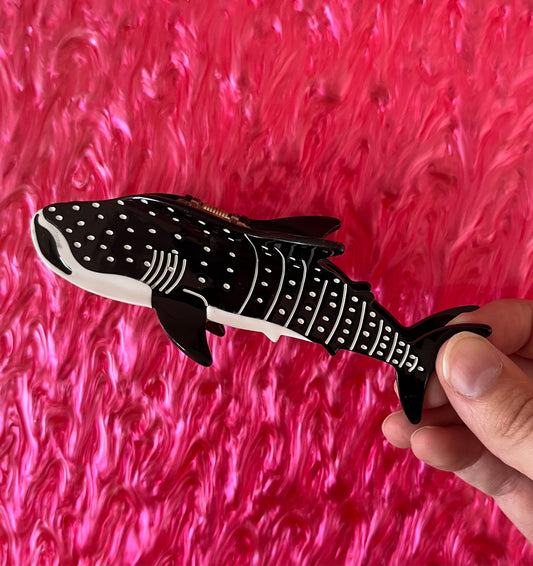 Black whale-shark hair claw with white dots and striped belly