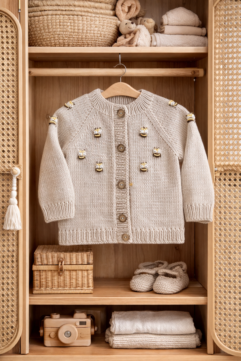 Light beige knit baby cardigan sweater with bee appliques and button front