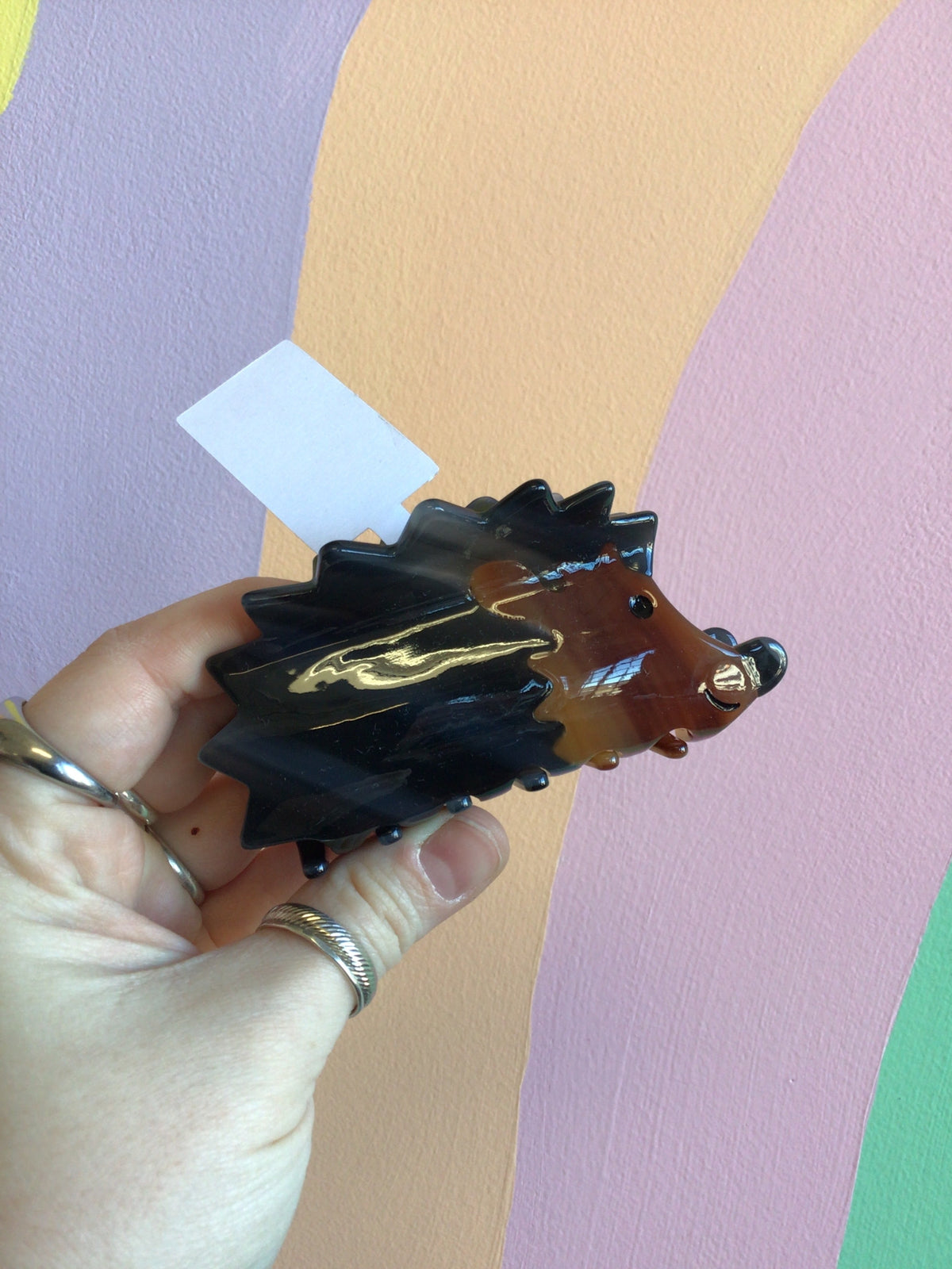 Black and brown animal hair claw with spiky shell design and cartoon snout