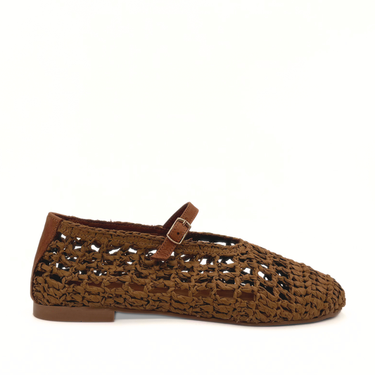 Raffia Mary Jane flats in dark brown with ankle strap and woven cutout upper