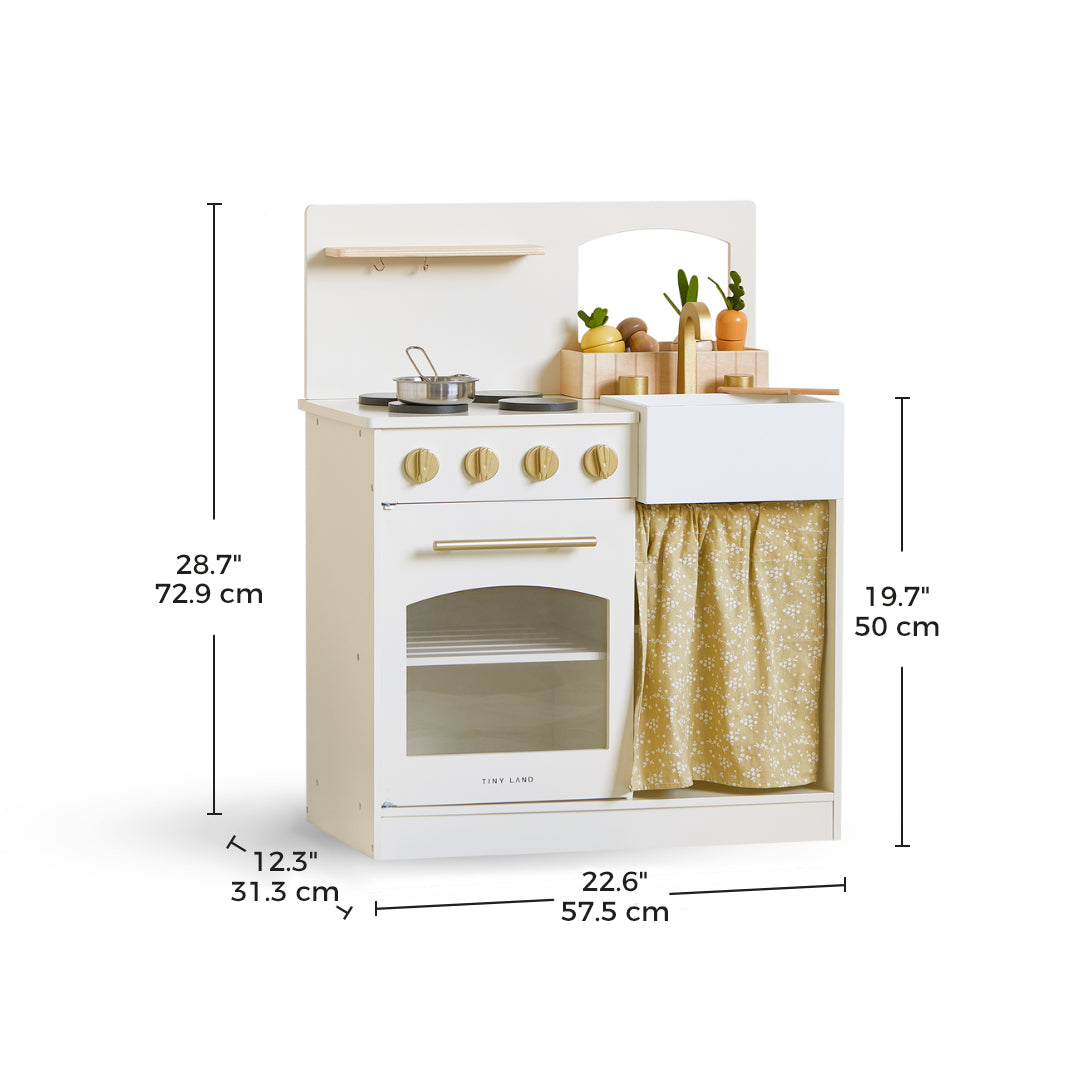 White wooden play kitchen with oven, sink, curtain and dimensions