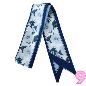 Women’s printed scarf in navy blue with light blue botanical flower and leaf pattern