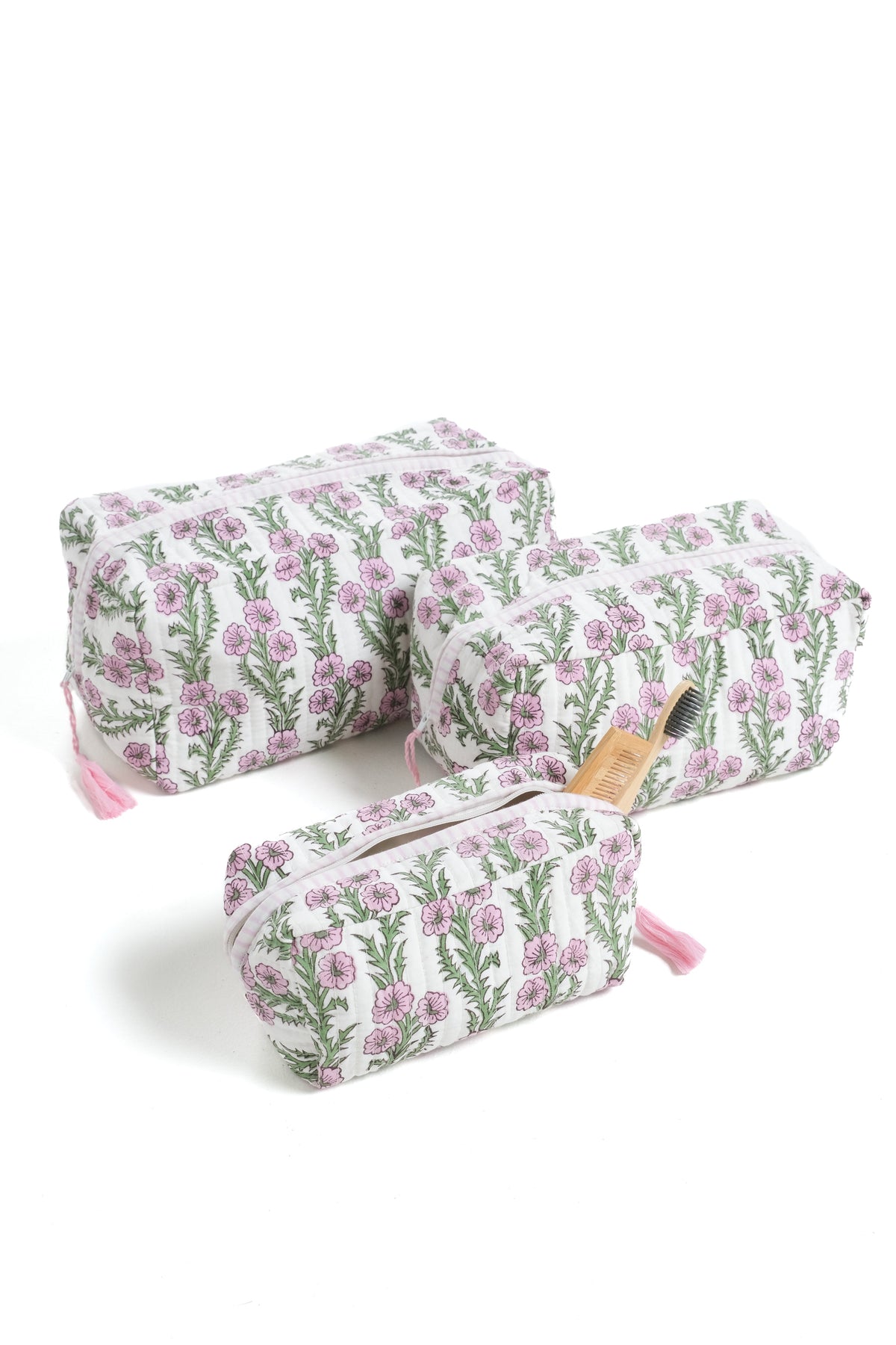 Lilac pink floral blockprint makeup bag pouch set with zip and pink tassel trim