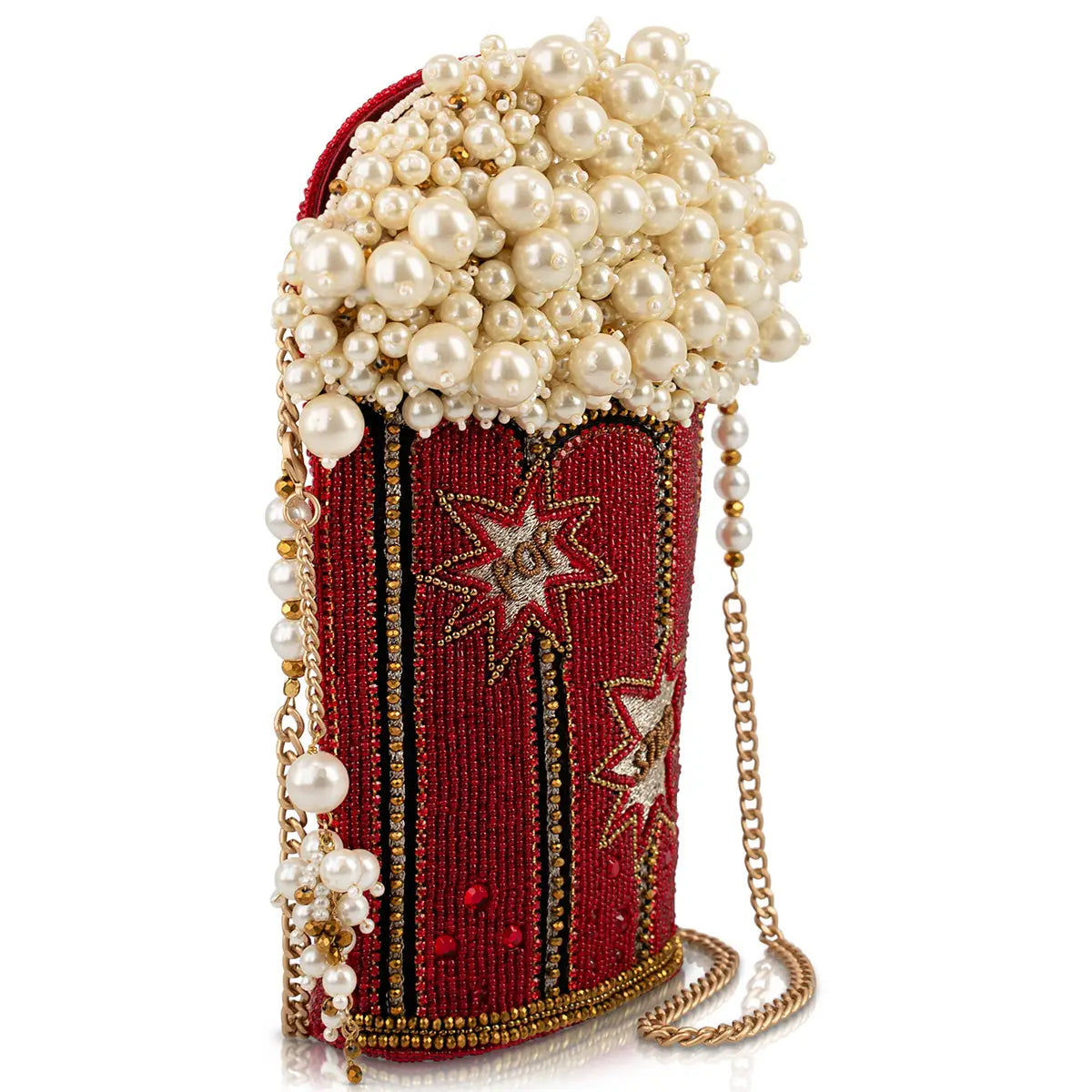 Red and gold beaded popcorn-style handbag with pearl beaded handle and star motif