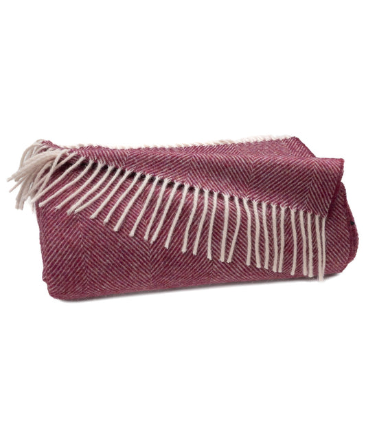 Berry shetland lambswool herringbone throw with cream fringe, folded