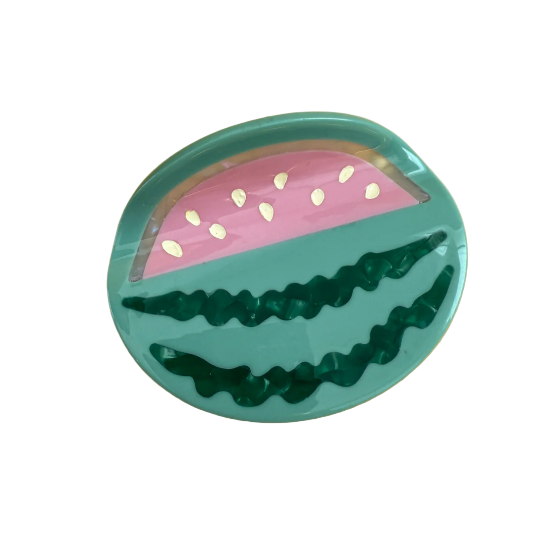 Watermelon hair claw with teal sides and pink watermelon slice grip