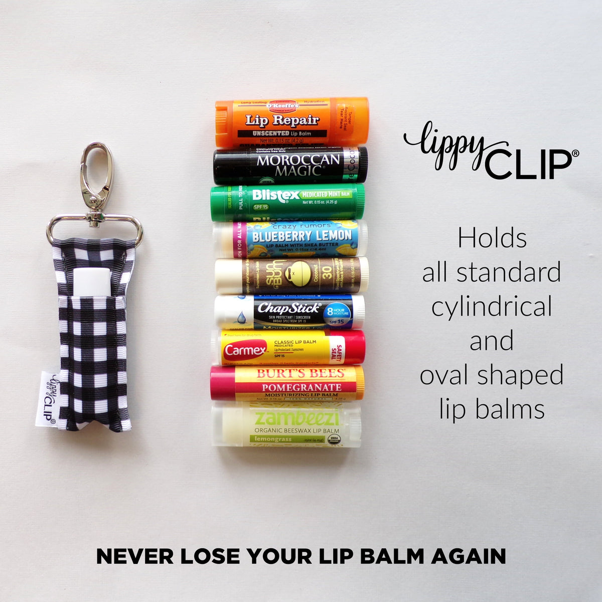 LippyCLIP lip balm holder with black-and-white check strap beside assorted lip balms