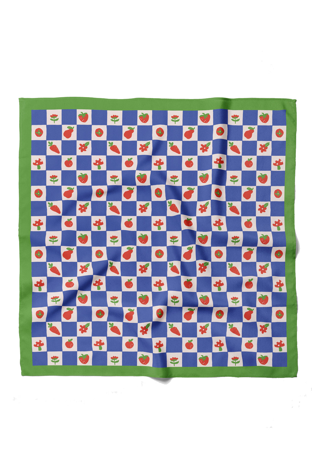 Cotton bandana with blue checker fabric, fruit and flower icons, green hem