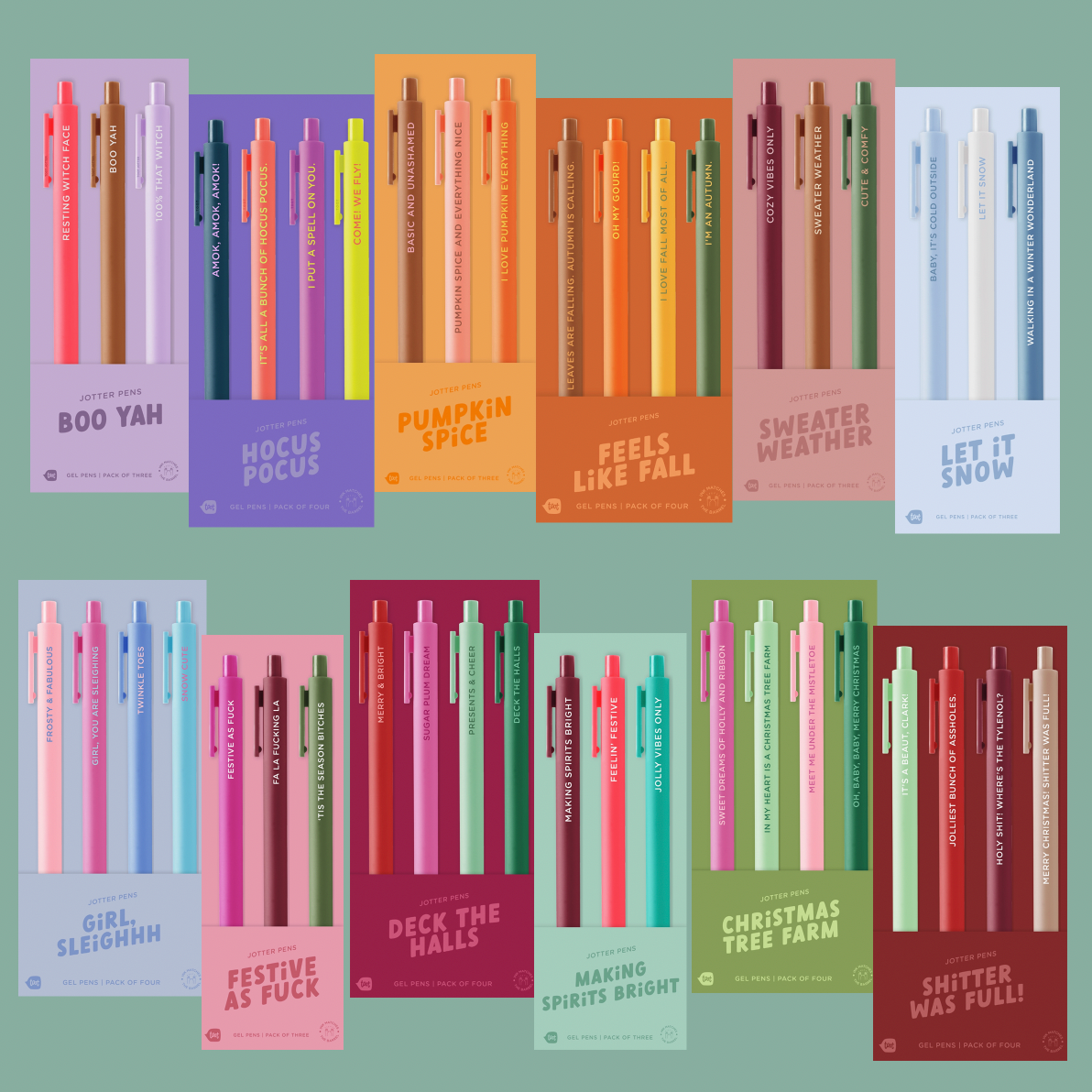 Seasonal gel pen sets in colorful three- and four-pen packs