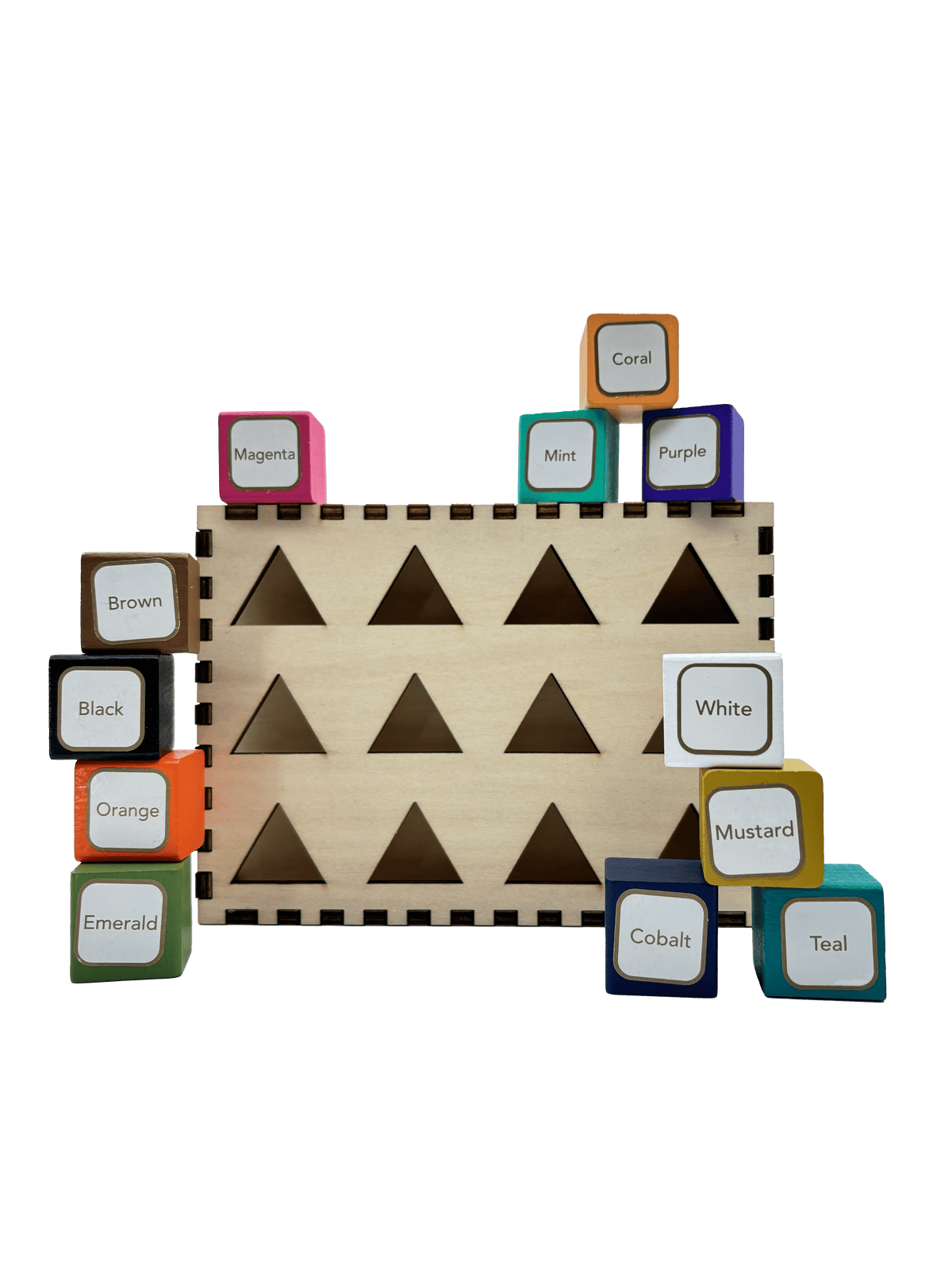 Folded wooden logic board diagram with labeled color cubes around edges