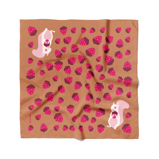 Cotton-silk bandana in tan with pink strawberry print and white rabbit illustration.