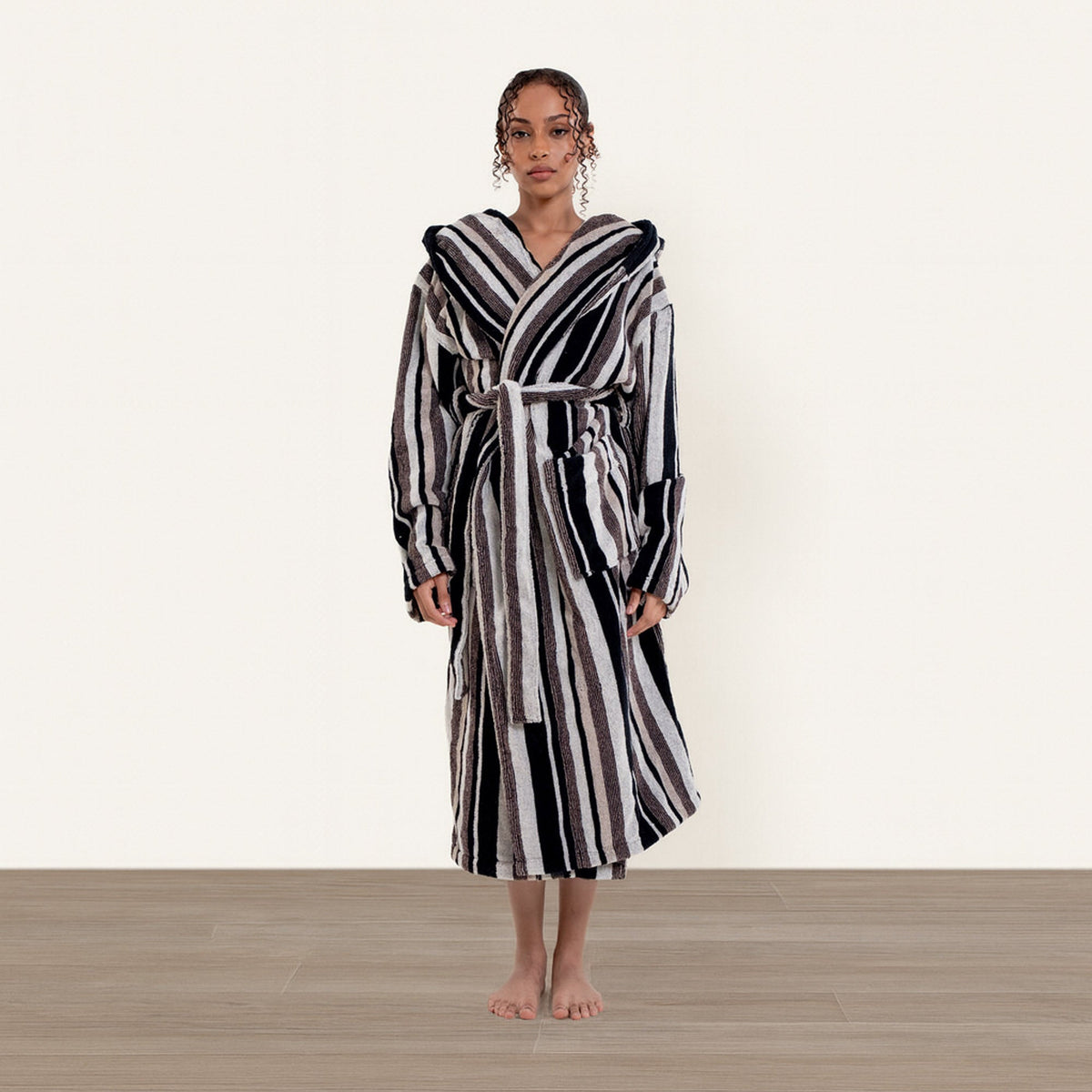 Unisex striped hooded cotton bathrobe, black and white vertical stripes, front belt
