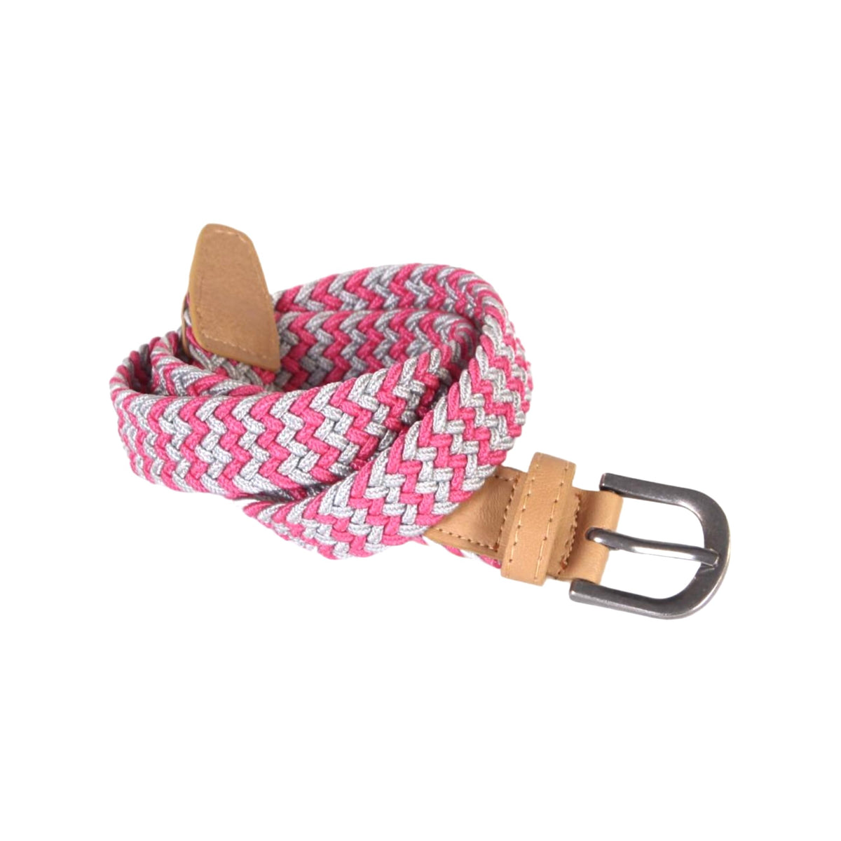 Girls' pink, gray, and white braided stretch belt with tan leather details and metal buckle