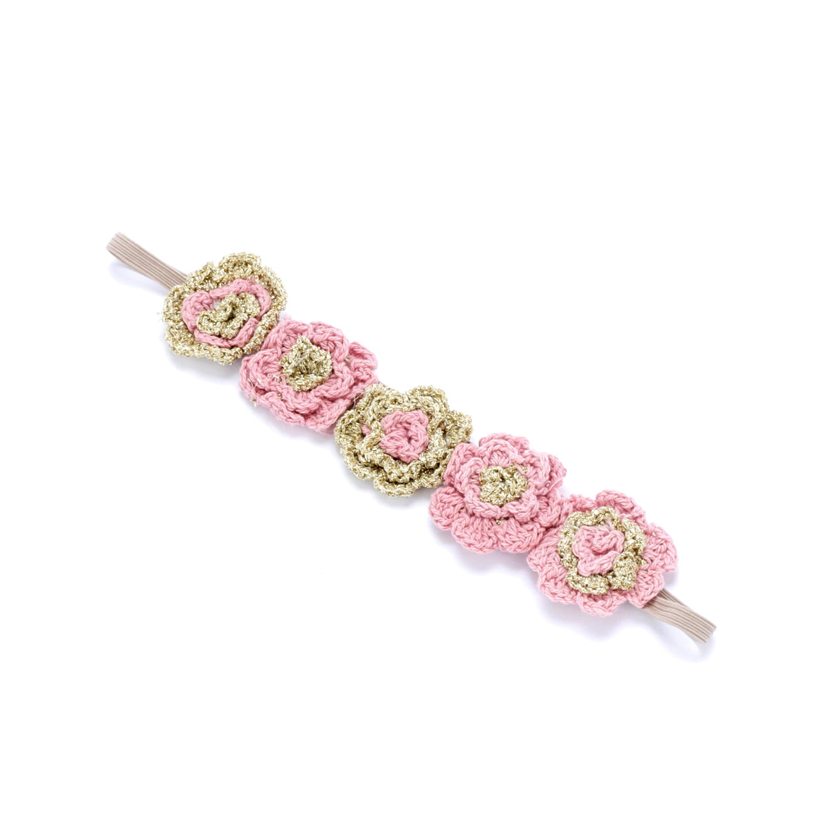 Knitted flower headband with pink and gold crochet flowers