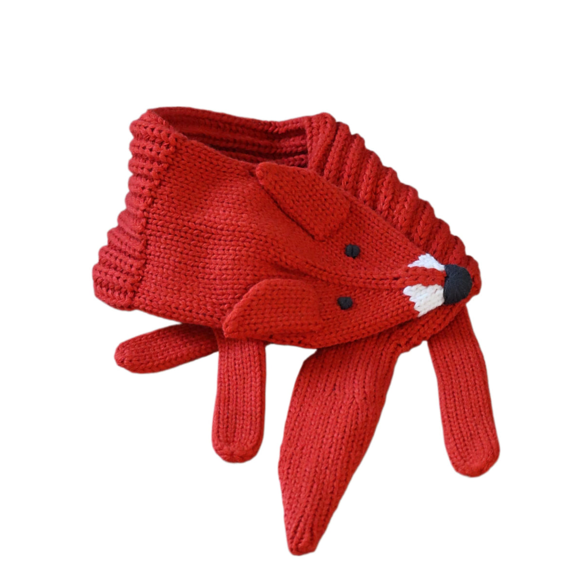 Orange-red knitted fox neck warmer with snap-button fastening and long scarf ends