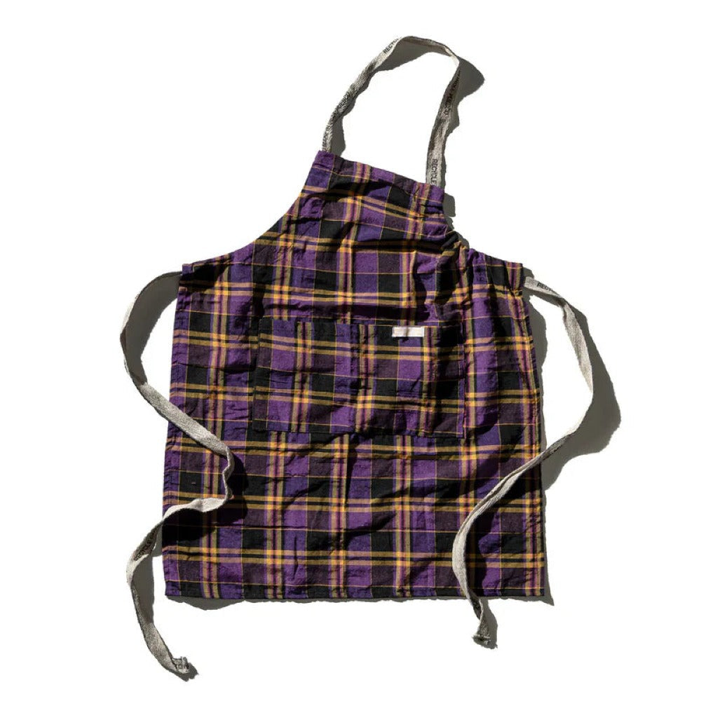 Purple plaid apron with adjustable neck strap and waist ties, yellow and black lines