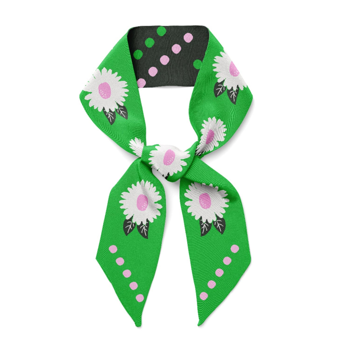 Green twilly scarf with daisy flowers and pink polka dots on black base