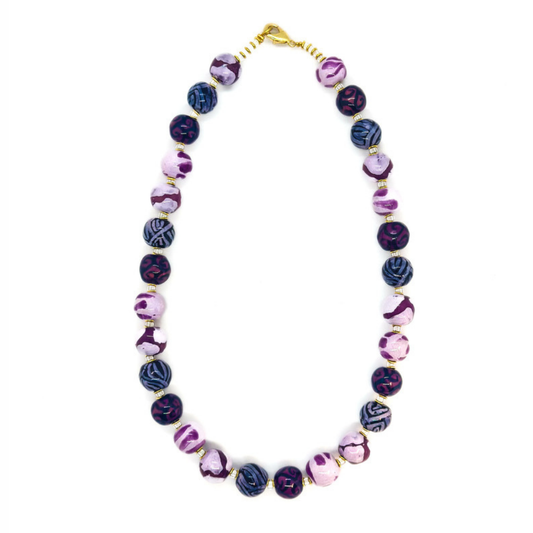 Purple and navy beaded match necklace with gold clasp and round beads
