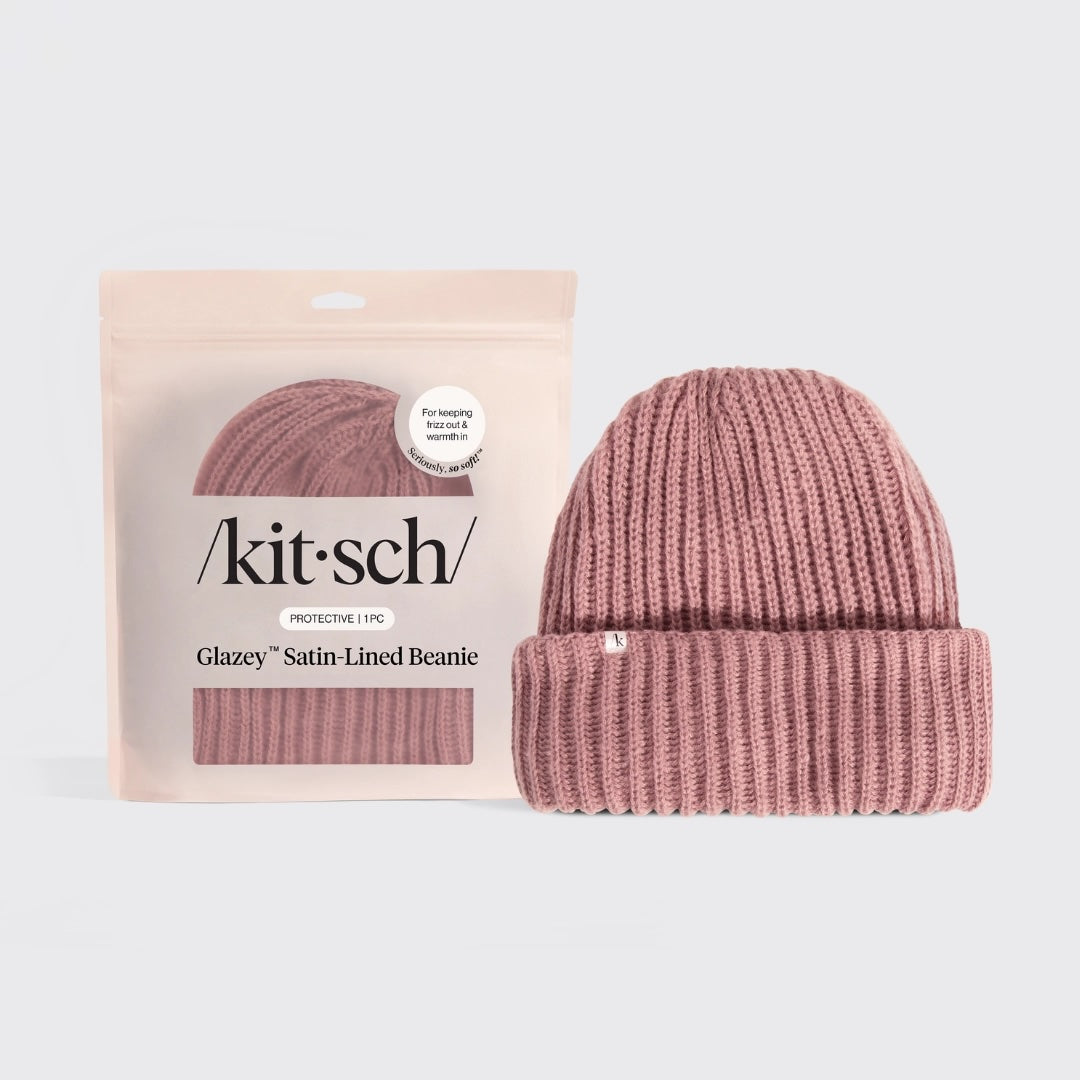 Blush knit beanie with ribbed cuff and satin lining