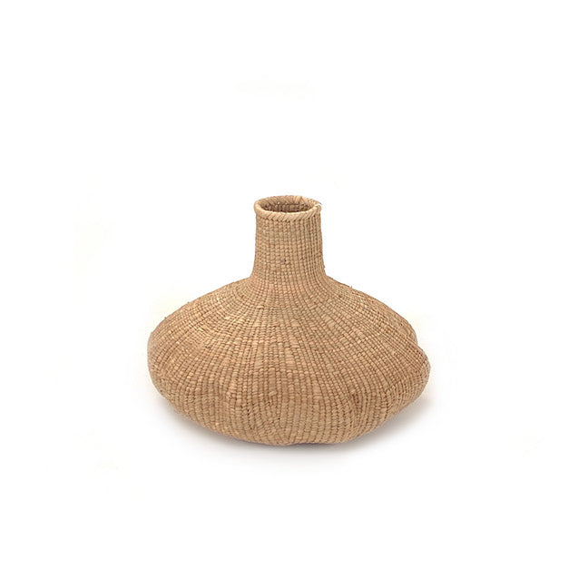 Woven garlic basket with wide belly and small upright neck, natural beige