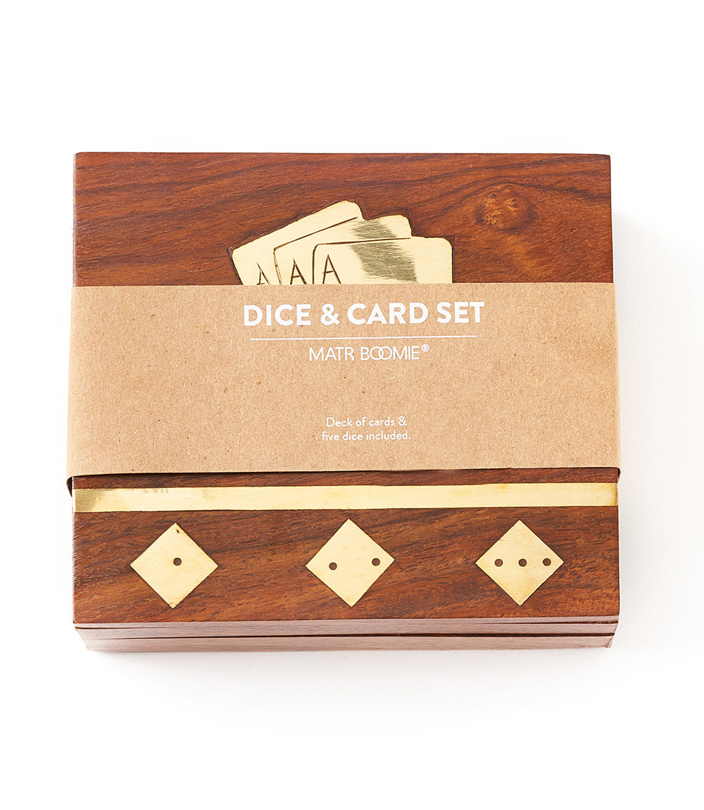 Handcrafted wooden dice and card set box with centered “Dice & Card Set” text and die inlays