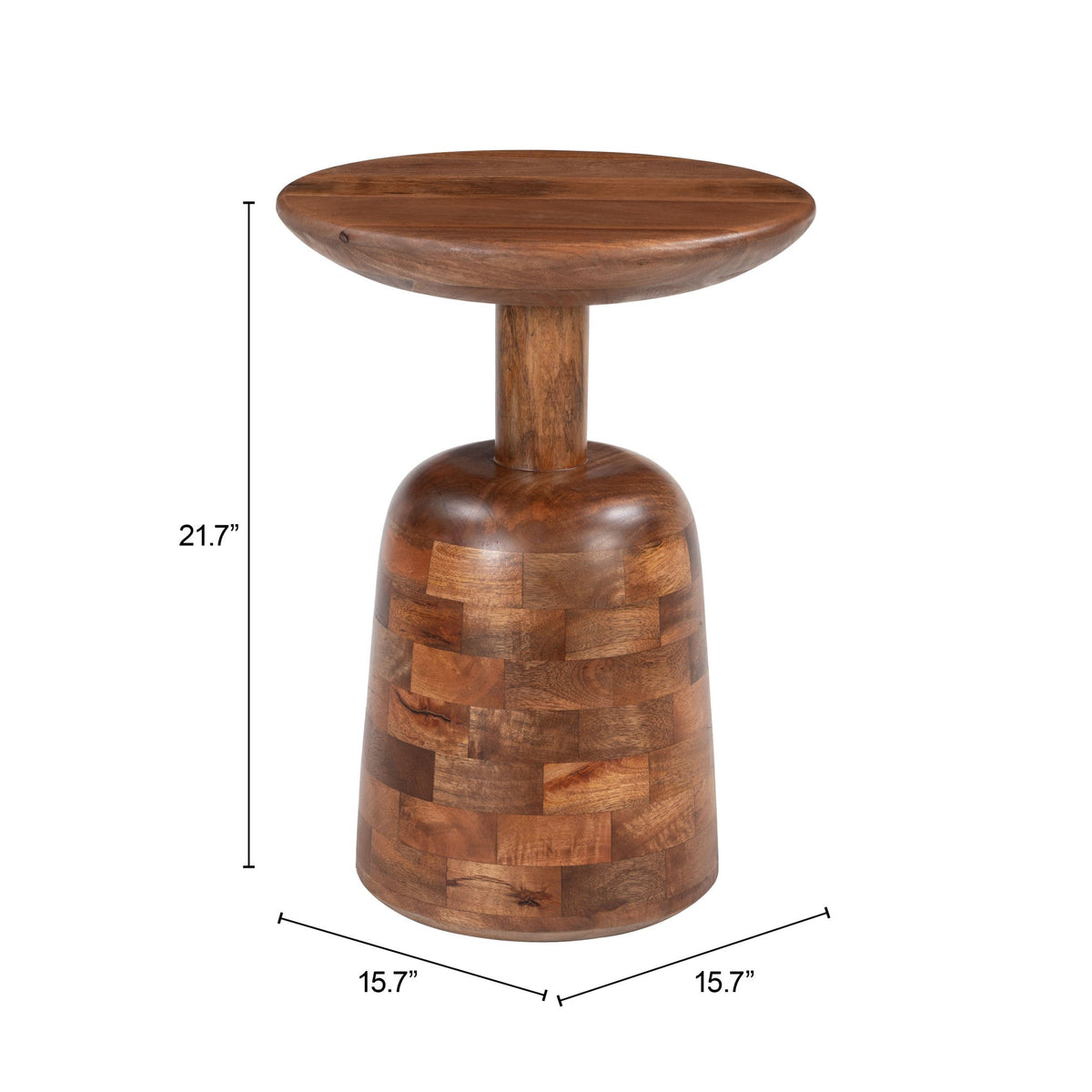 Kelk wooden side table with round top, block-patterned base, and dimensions of 21.7 by 15.7 inches
