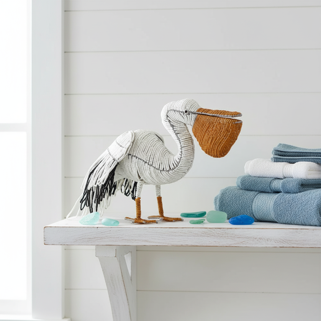Pelican figurine with white knit body, orange beak, and black-and-white fringe wing detail.