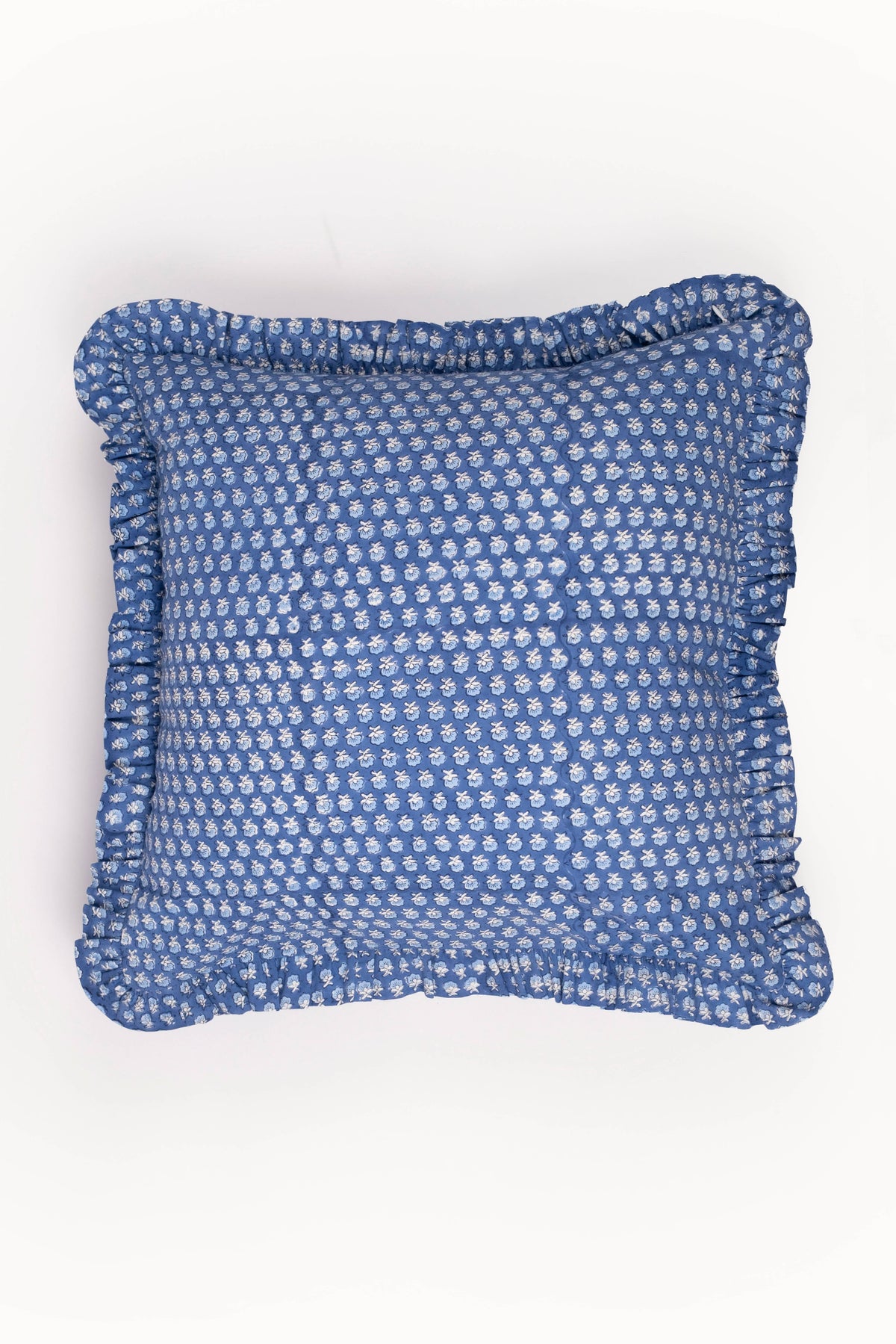 Blue blockprint pillow cover with ruffled edges, square design
