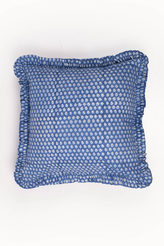 Blue blockprint pillow cover with ruffled edges, square design