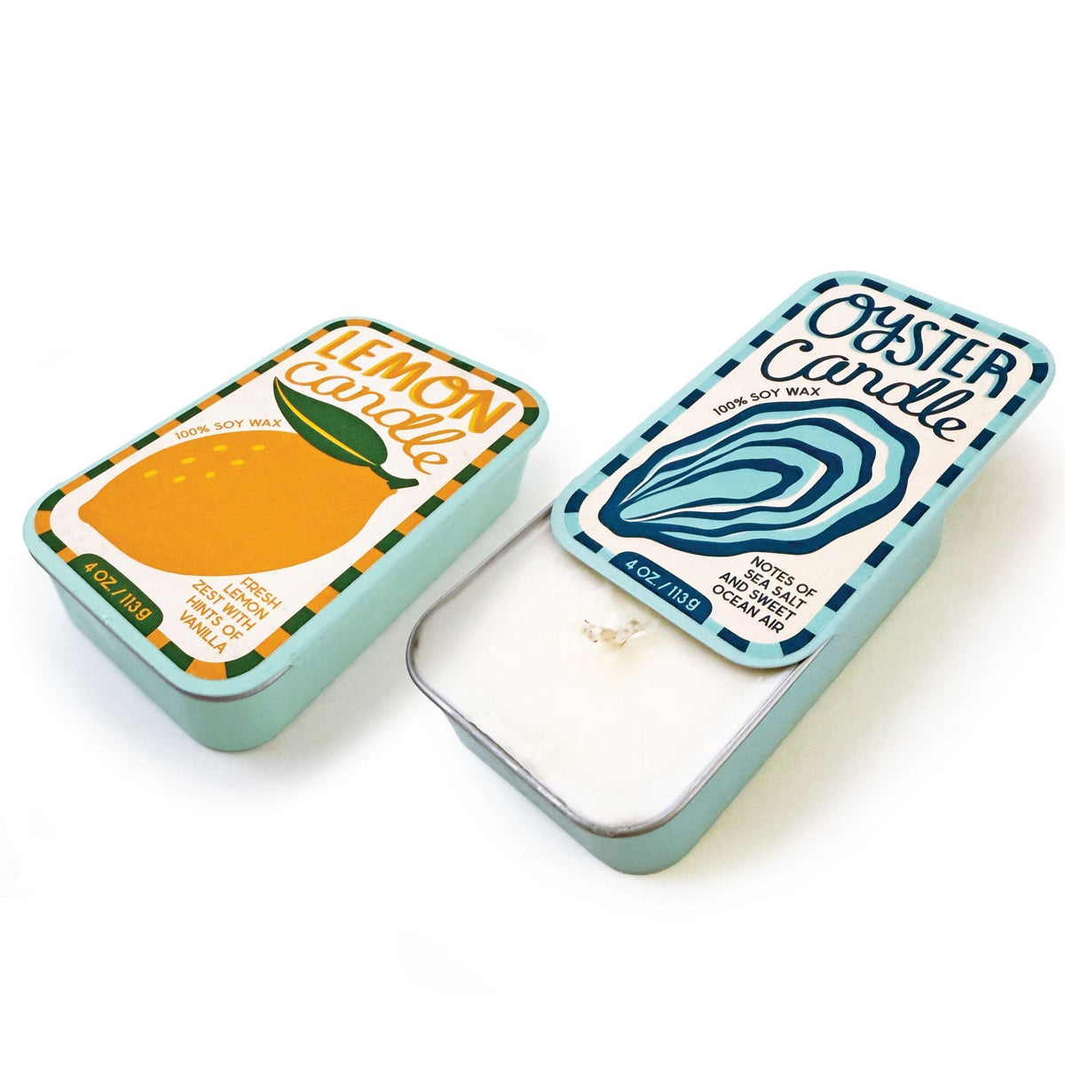 Candle tins with lids, Lemon tin left and Oyster tin right, wicks visible