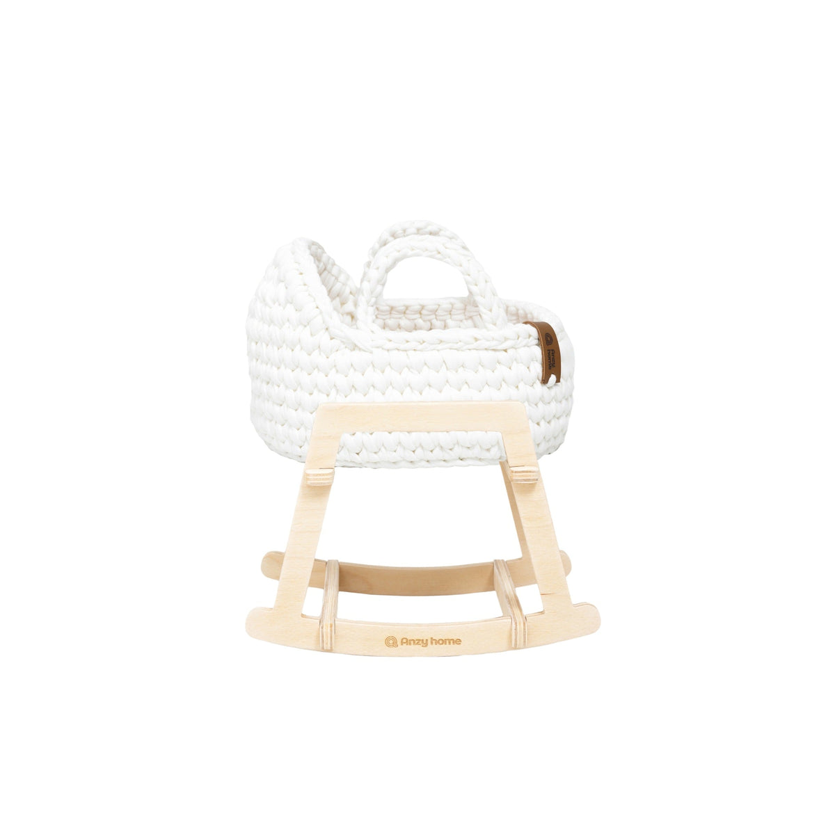 Mini doll Moses basket with rocking stand, woven white, side view with handle