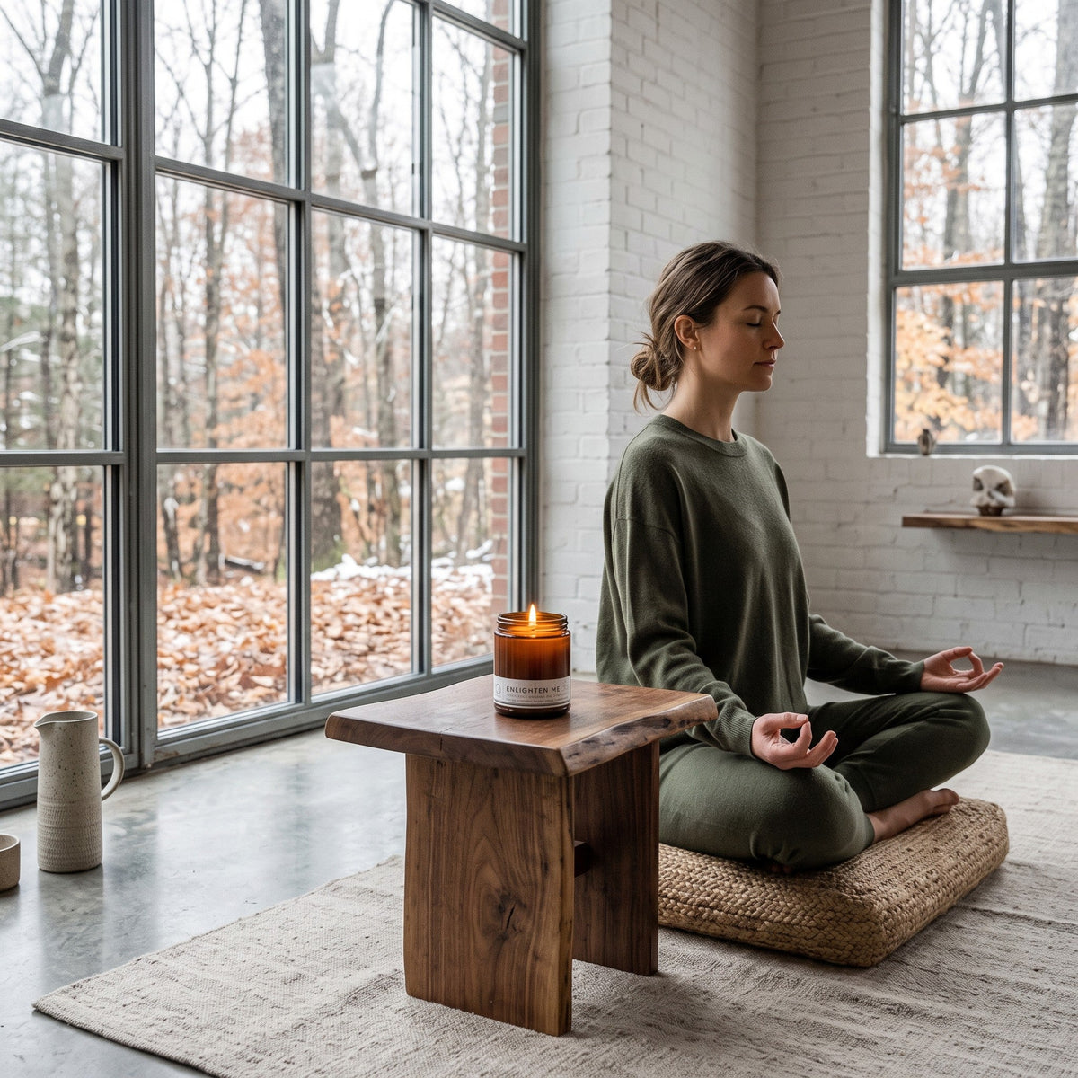 Soy blend candle on wooden table, flame lit, with a person relaxing near a window