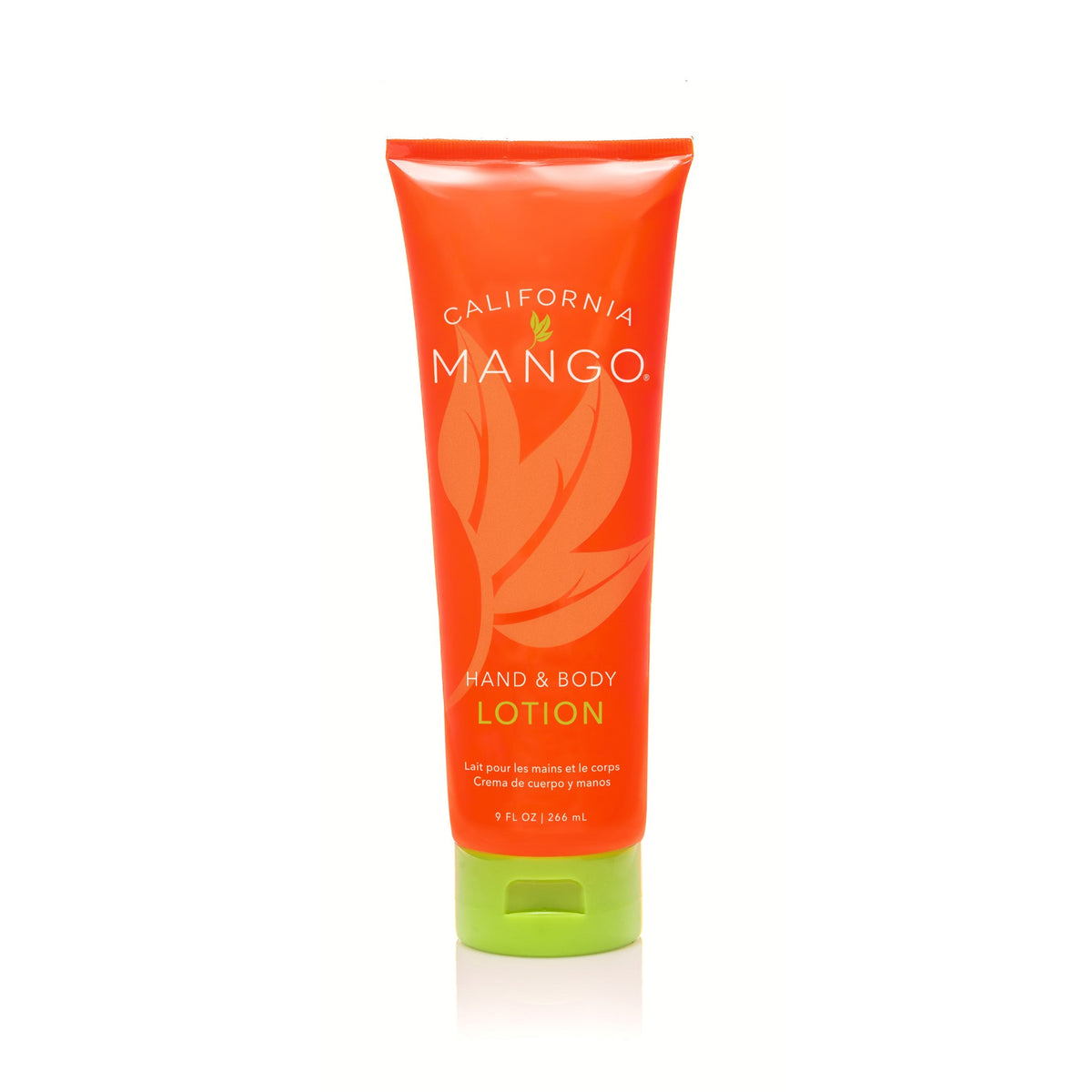 Orange hand and body lotion tube with green cap, California Mango front label