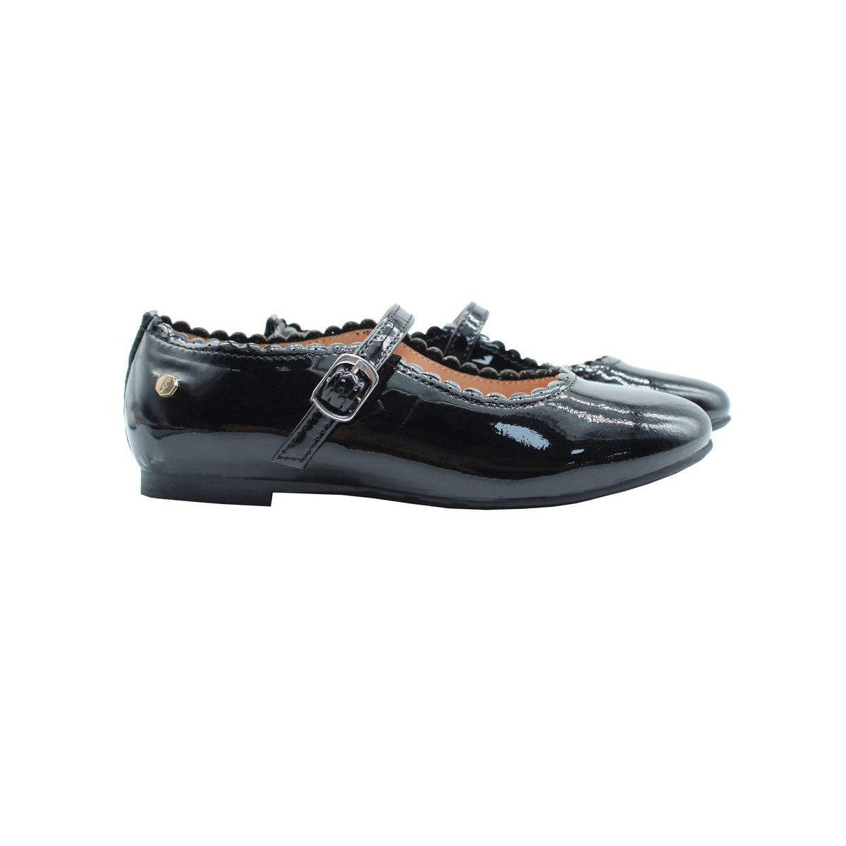 Black patent leather Mary Jane flats with side strap and glossy finish