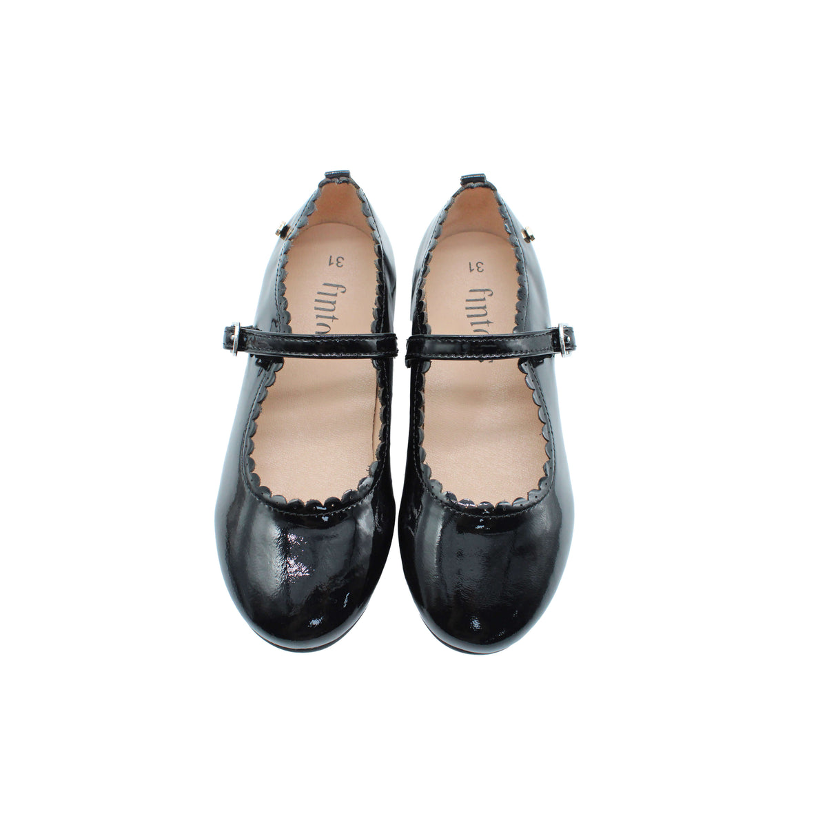 Black patent leather Mary Jane flats, front view with ankle strap buckle