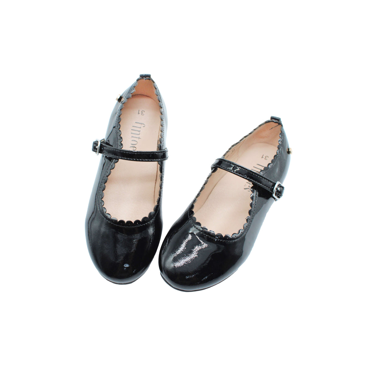 Black patent leather Mary Jane flats with buckle strap, scalloped trim