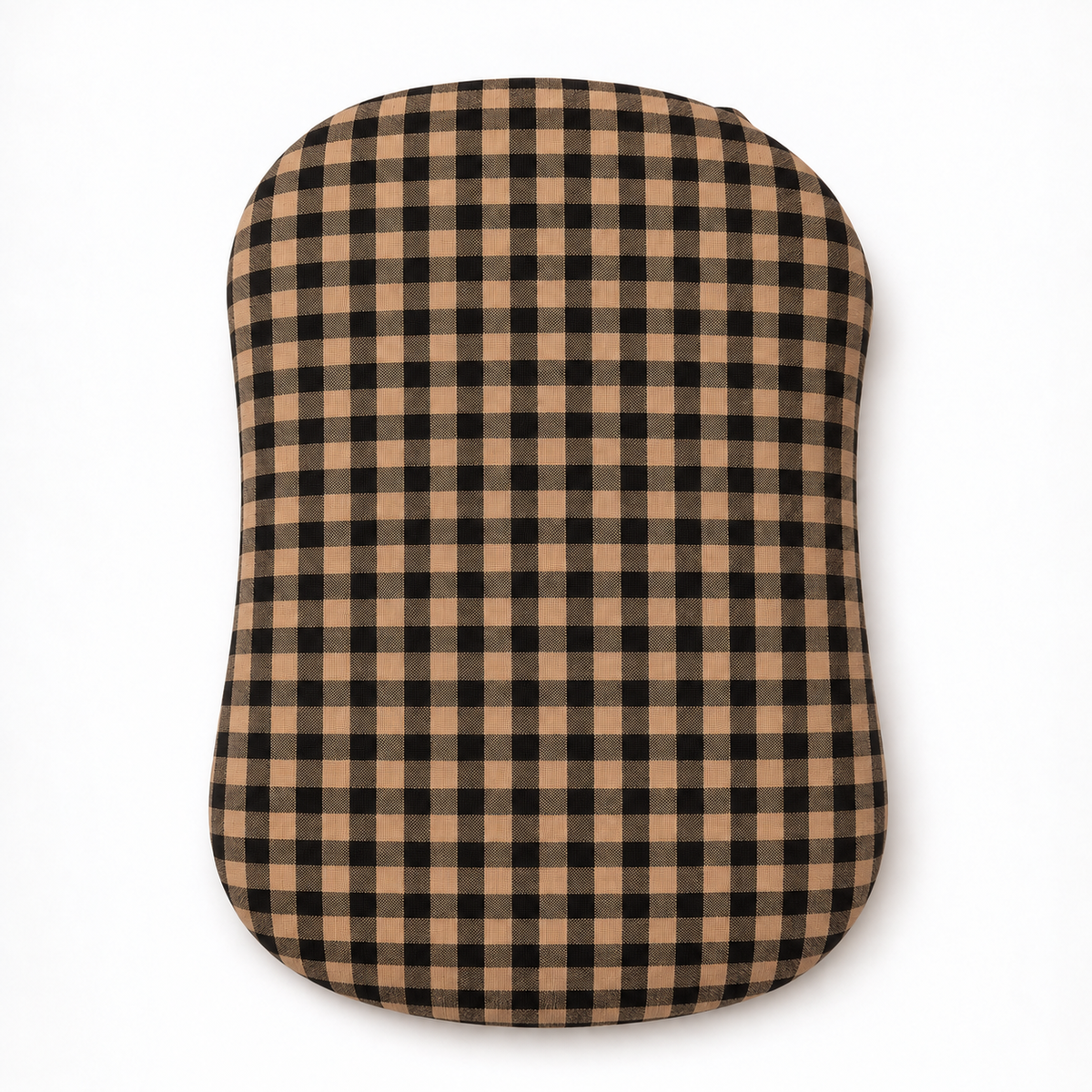 Baby lounger cover in brown and black gingham with a smooth, rounded edge