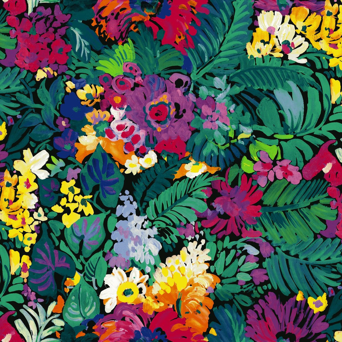 Tropical floral fabric close-up in multicolor for tankini swimsuit