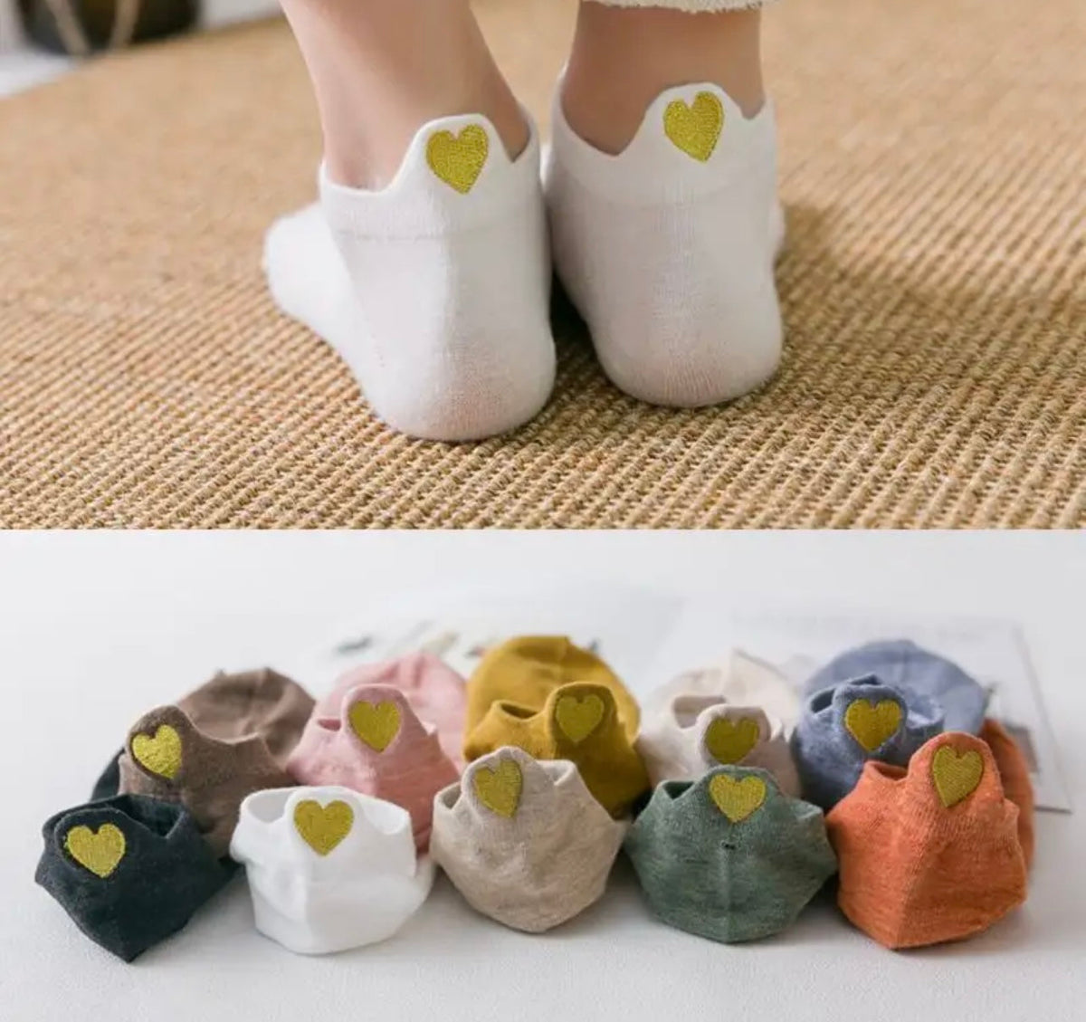 Ankle socks set with embroidered heart patches on multiple colors, assorted pairs