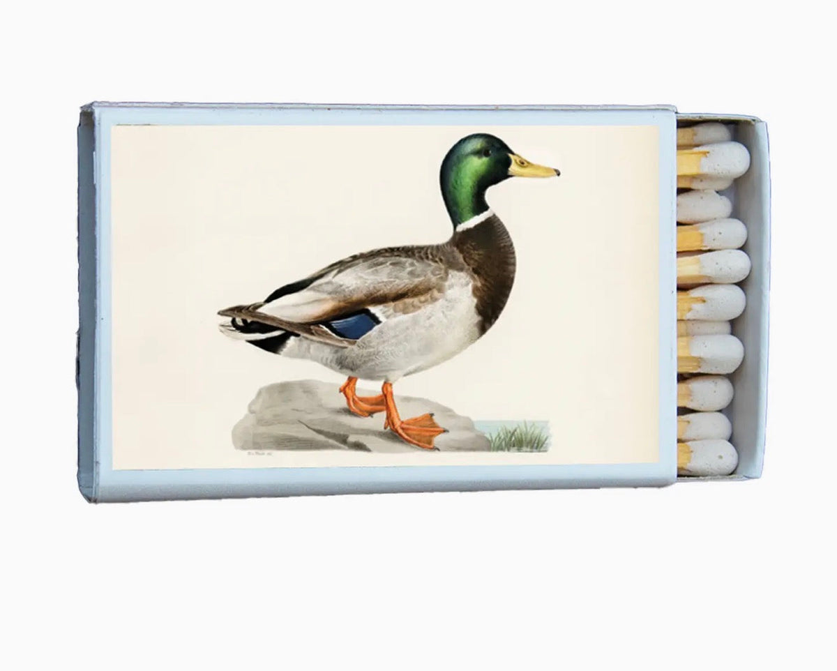 Mallard duck matchbox with open lid showing duck picture and multiple white matches