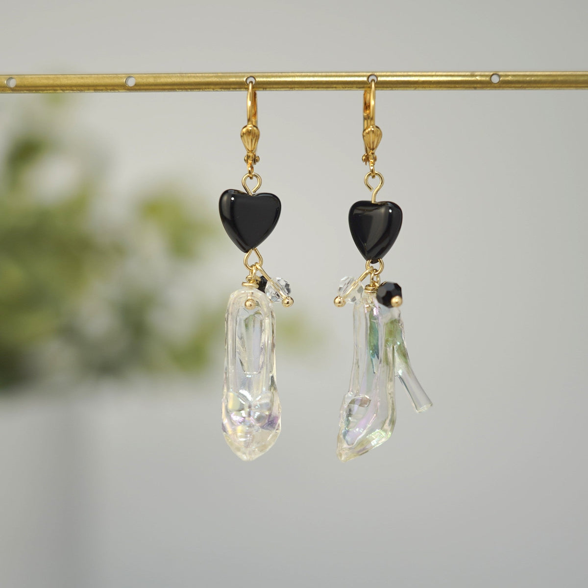 Cinderella glass slipper earrings with black heart charms and clear dangling slippers