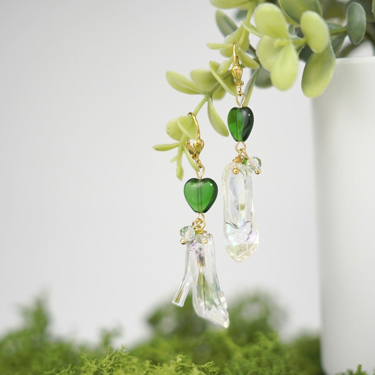 Cinderella glass slipper earrings with dark green heart charms and clear dangling slippers
