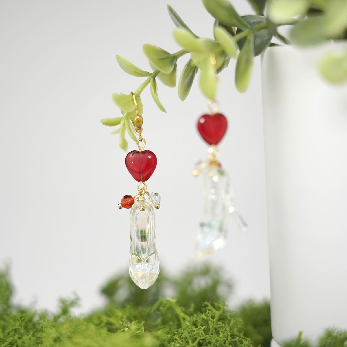 Cinderella glass slipper earrings with red heart charms and clear dangling slippers