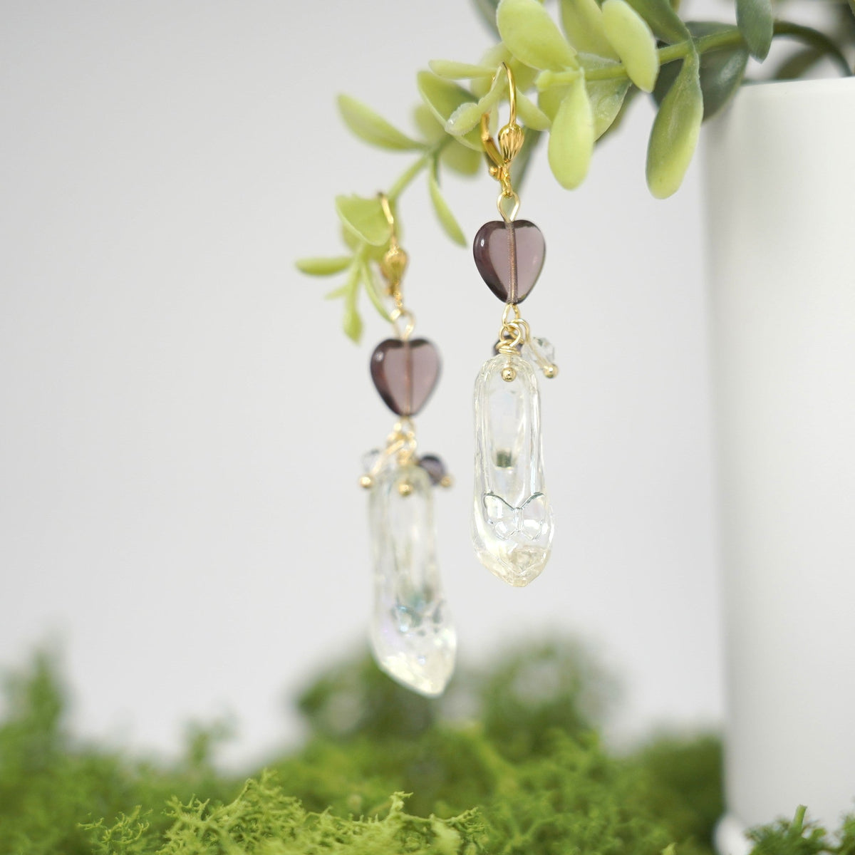 Cinderella glass slipper earrings with brown heart charms and clear dangling slippers