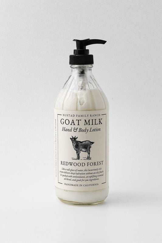 Goat milk hand and body lotion pump bottle with black dispenser, Redwood Forest scent