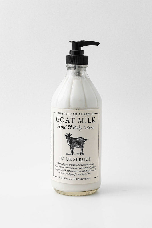 Goat milk hand and body lotion pump bottle, Blue Spruce scent, white label
