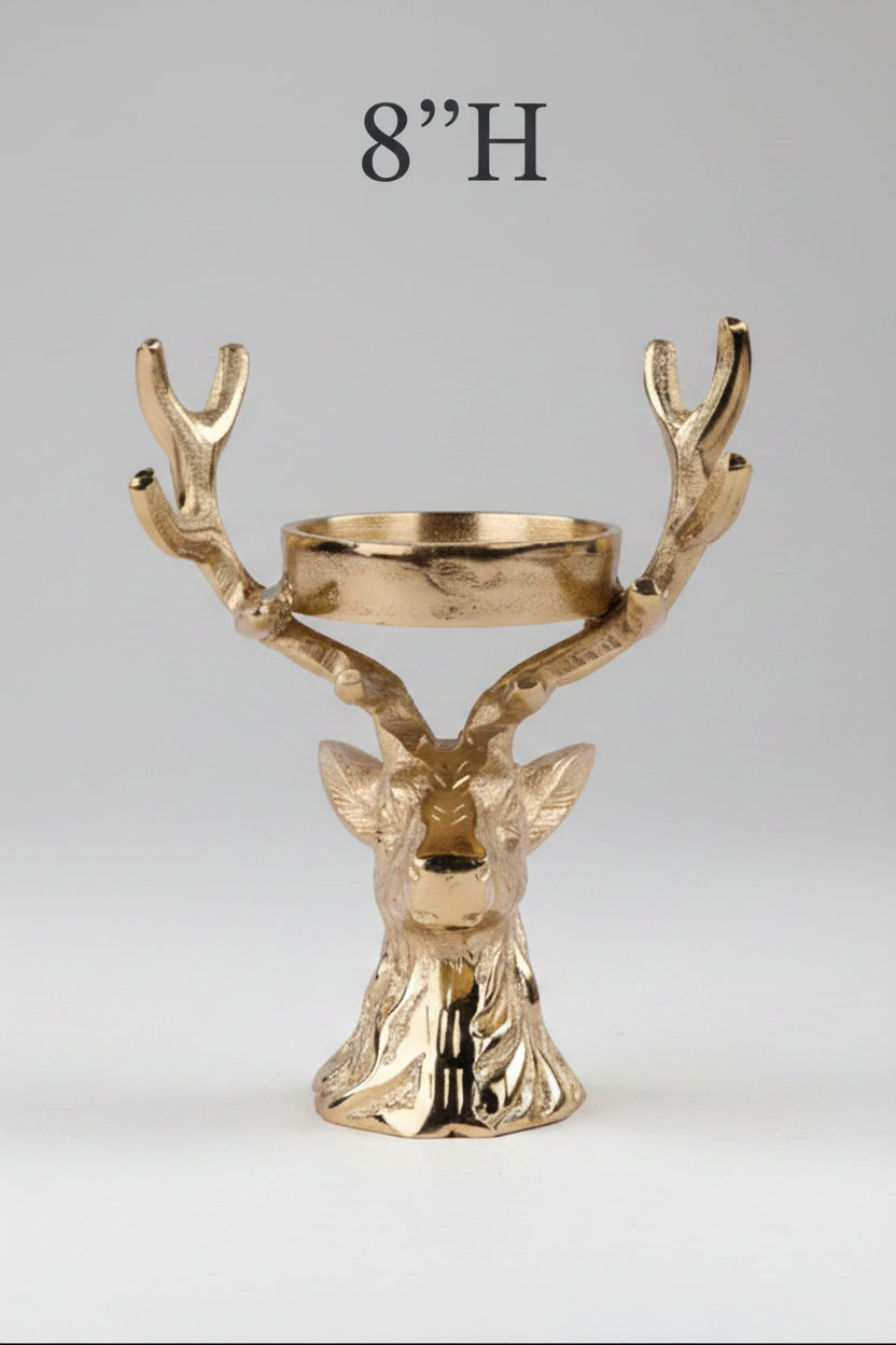 Gold-tone aluminum antler candleholder with raised candle dish, 8 inches tall