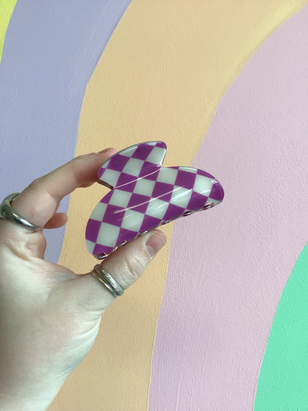 Purple checker hair claw with rounded ends