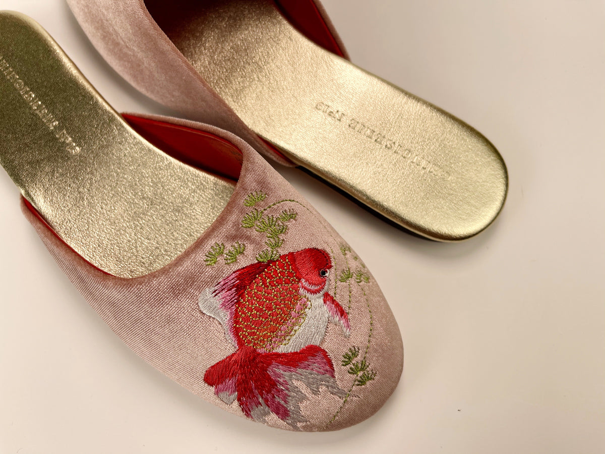 Dusty pink velvet mule slippers with red goldfish embroidery on toe