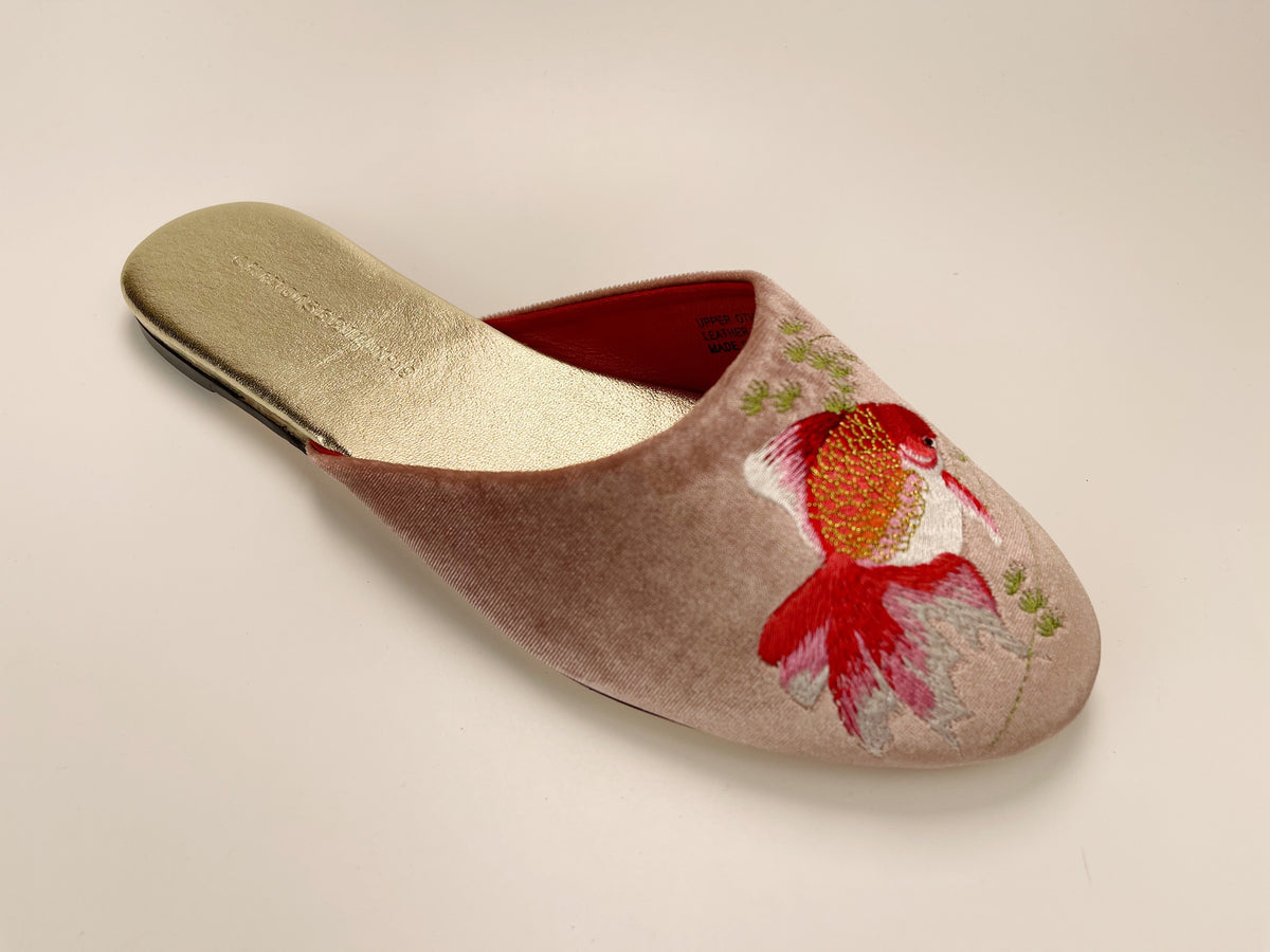 Dusty pink velvet mule slipper with embroidered goldfish on side, slip-on